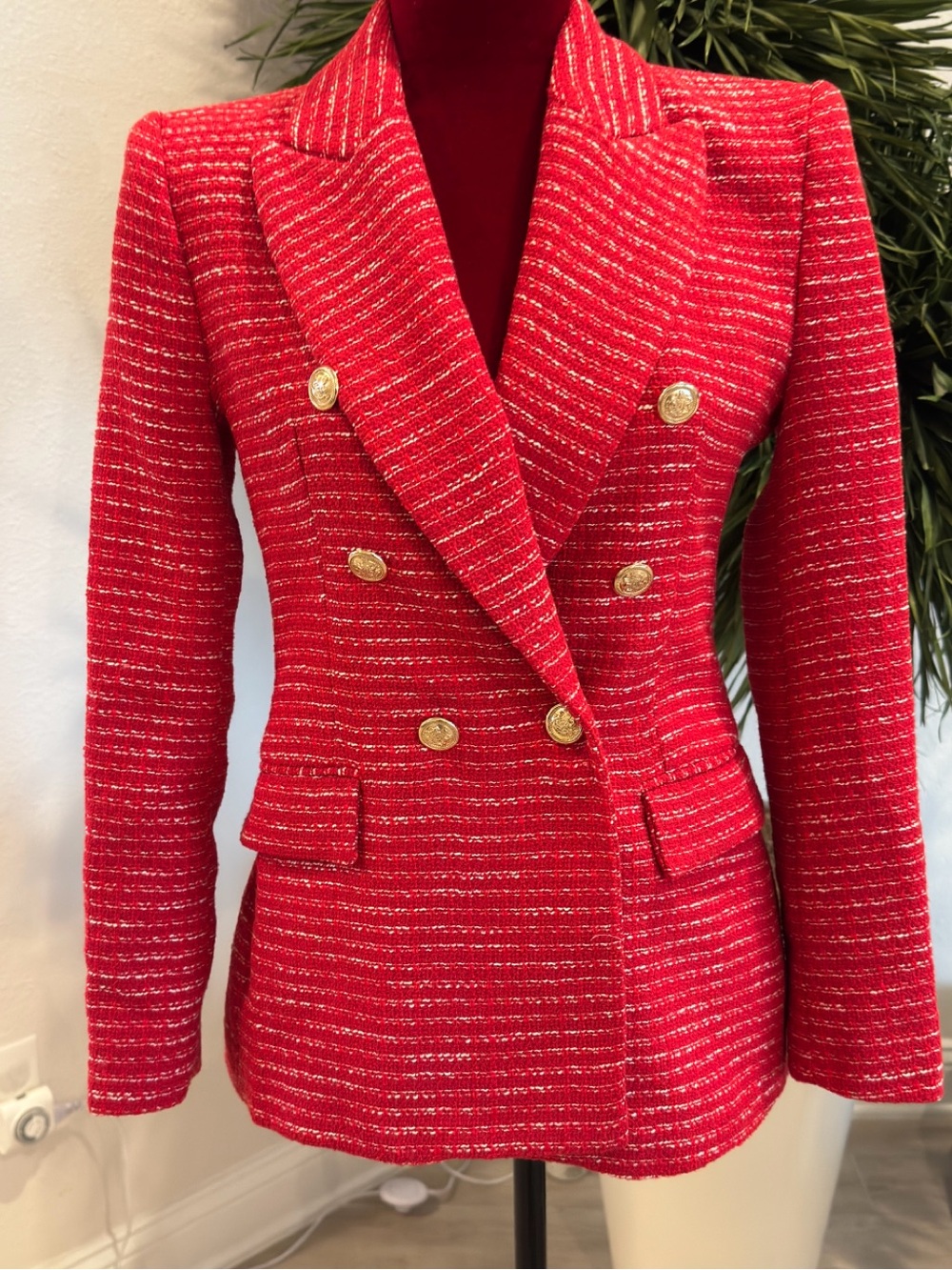 Zara Red Double-Breasted Tweed Blazer with Gold Buttons XS